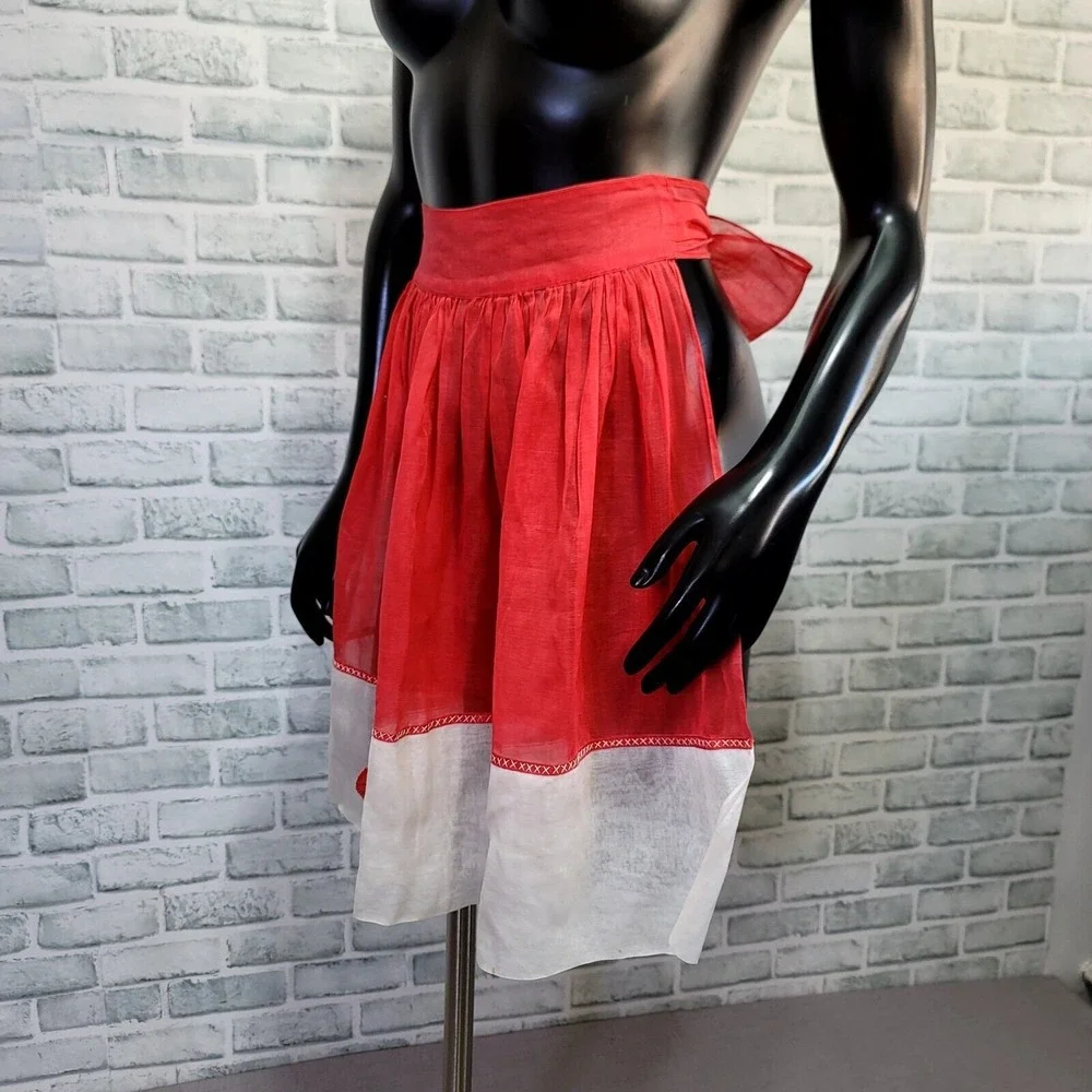 Vintage‎ 50s Red White Sheer Organza Half Apron Rosette Cross Stitch 50s Pinup